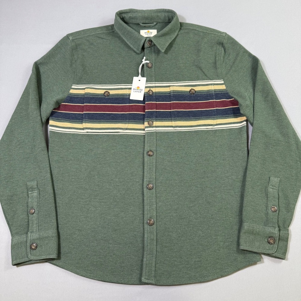Marine Layer Pacifica Stretch Twill Shirt Mens Medium Green Multi Stripe NWT